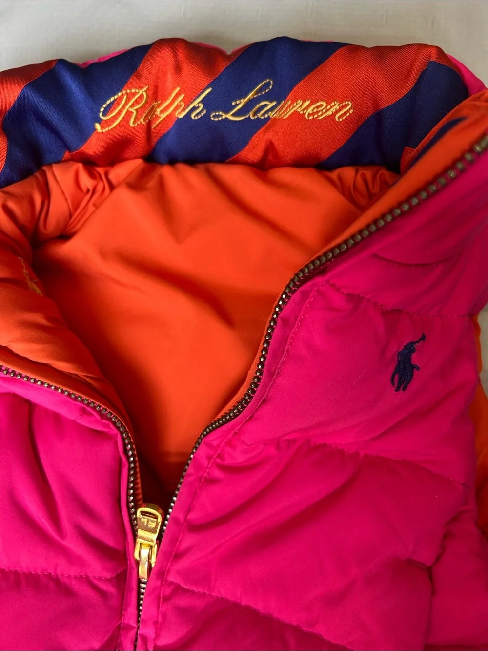 Polo Ralph Lauren Reversible Puffer Vest 2T Pink Orange Navy Gold zipper